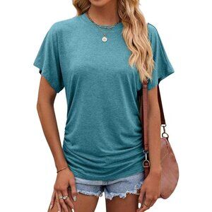🆕 Women Green Summer Crewneck Dolman Tops Side Shirring Short Sleeve T Shirts